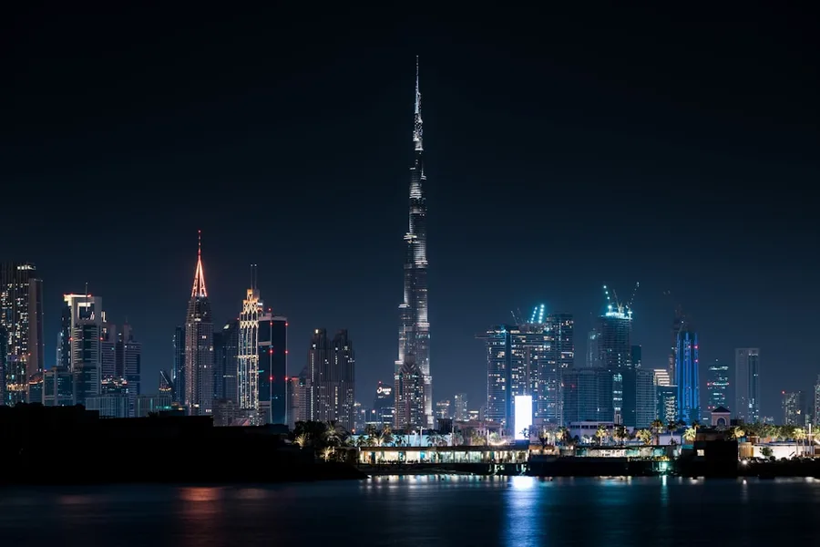 Burj Khalifa and Dubai Fountain evening view UAE