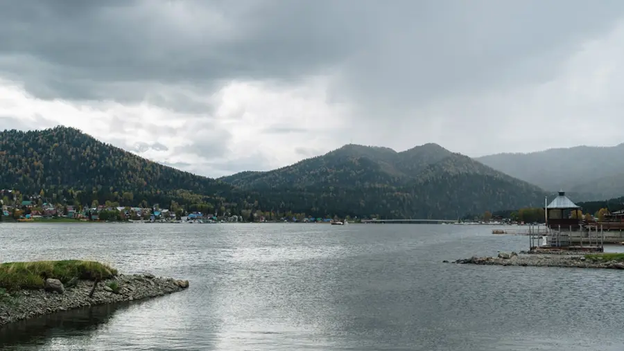 floating pontoon house on serene lake Altai