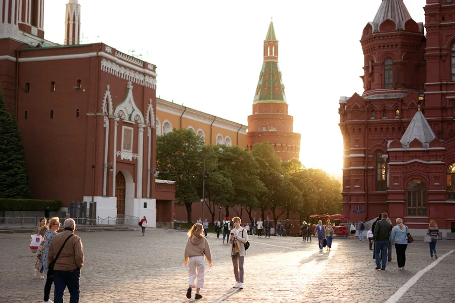 Moscow Arbat street performers and old buildings Russia