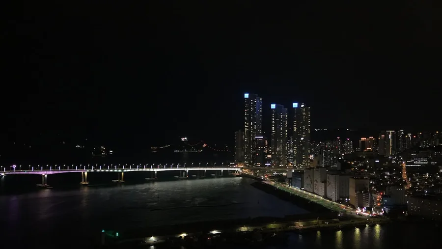 Gwangalli Bridge Busan night view from cafe remote work
