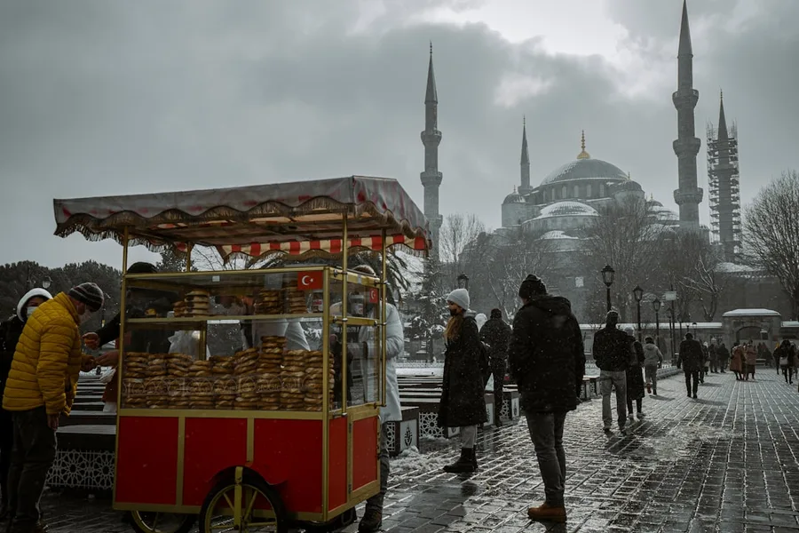Istanbul yellow taxi at Sultanahmet square Turkey