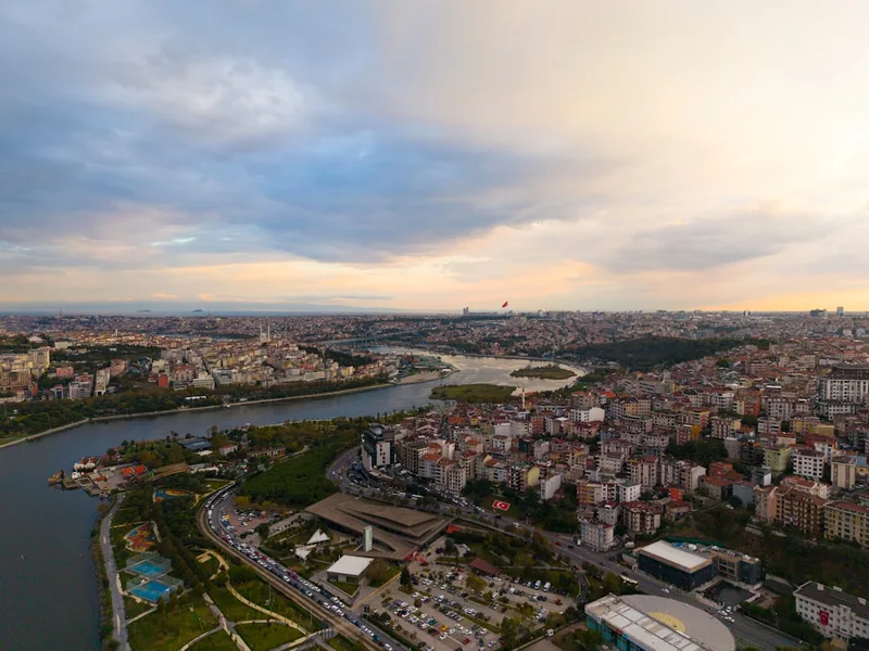 Aerial view of Istanbul city from airplane window Turkey