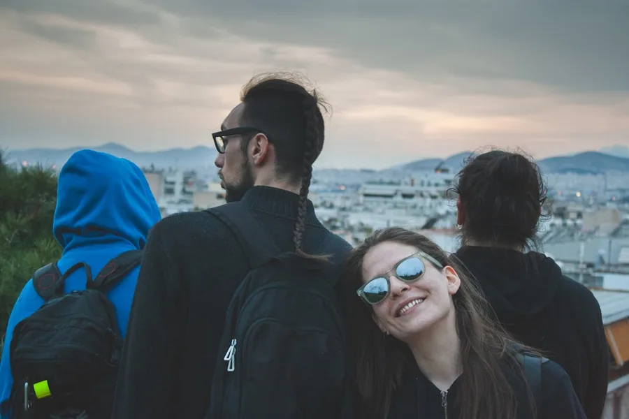 group of five students traveling with only personal backpacks Turkey Marmaris Kos Greece